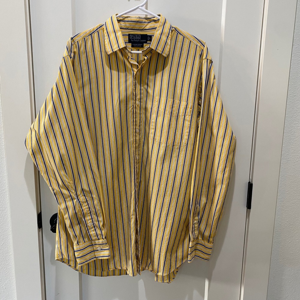 Polo Ralph Lauren Curham Sport Striped Shirt Mens Large Yellow Navy Blue Cotton